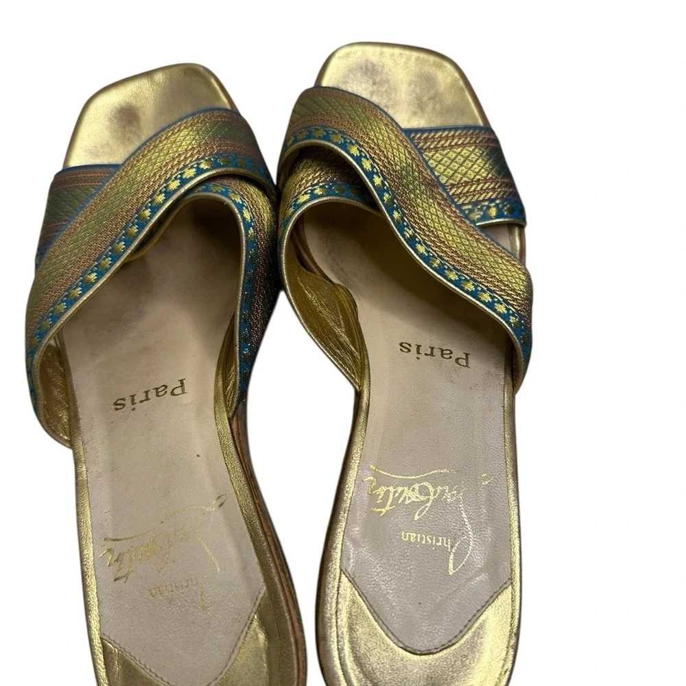 Christian Louboutin Gold and Blue Wedge Sandals, pre-owned, SZ 6.5